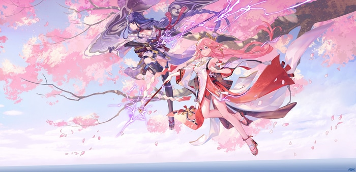 Raiden Shogun and Yae Miko under cherry blossoms