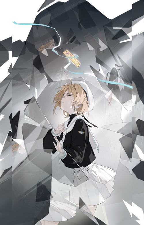 Girl in sailor uniform with a mirror and cards