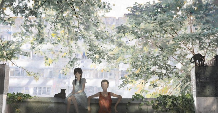Two people and black cats on a balcony with trees