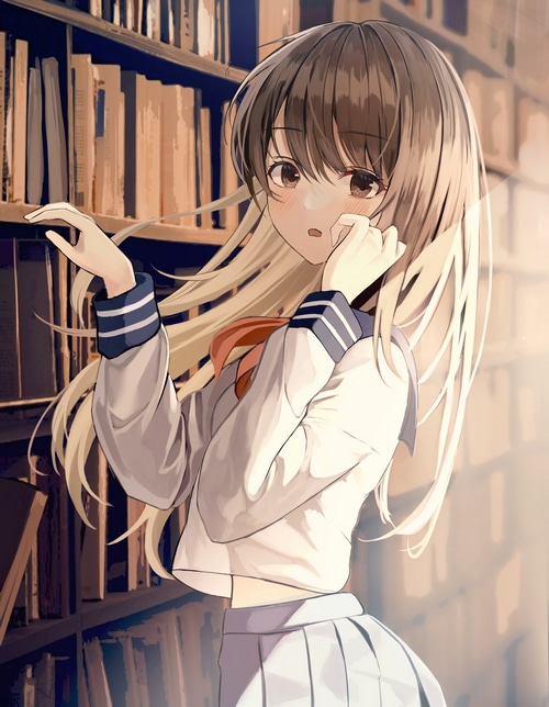 Anime schoolgirl in a library