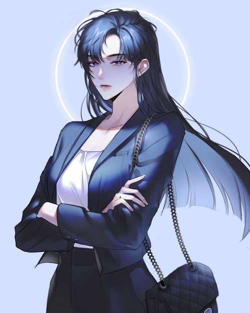 Anime girl in a suit with a purse