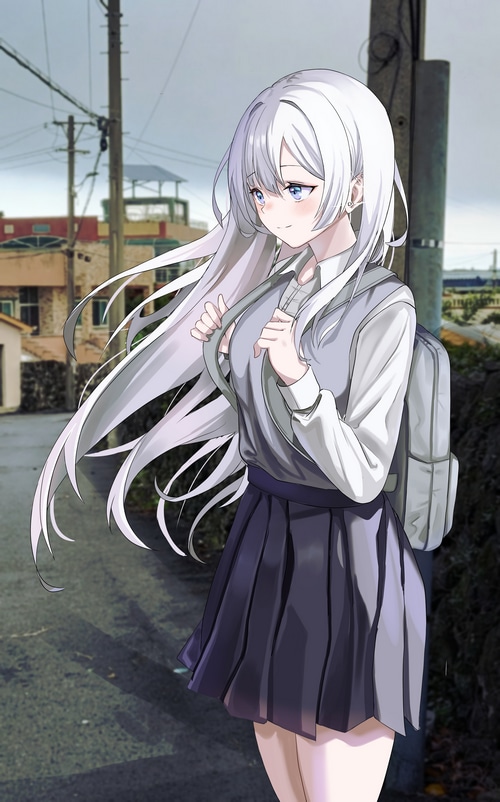 Anime girl with white hair and backpack