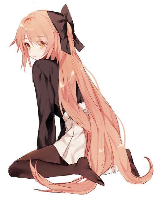 Anime girl with long pink hair and black bow
