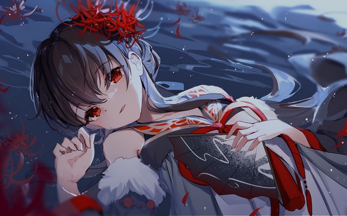 Anime girl with red eyes and red spider lilies