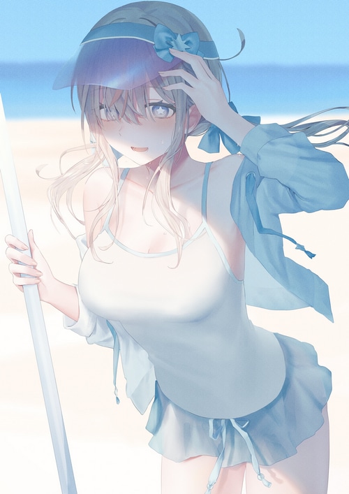 Anime girl in swimsuit at the beach