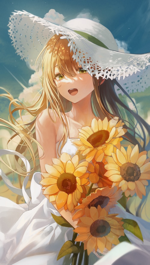 Myowa in a sun hat holding sunflowers