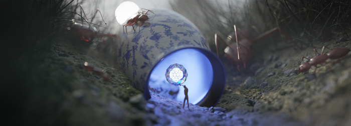 Miniature adventurers with a glowing orb near a vase