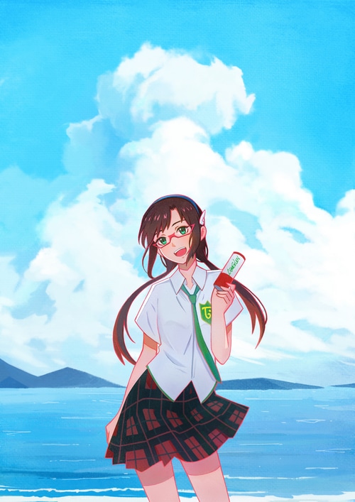 Makinami Mari Illustrious from Evangelion holding a drink