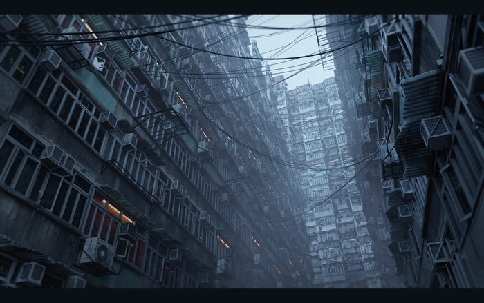 Dense urban cityscape with many buildings and wires