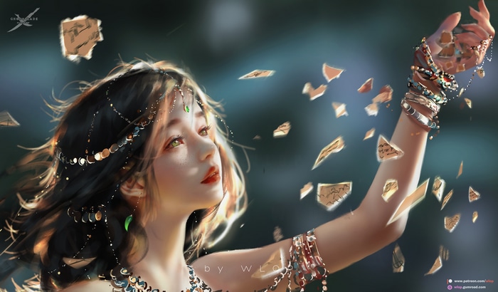 Fantasy girl with green eyes and broken paper