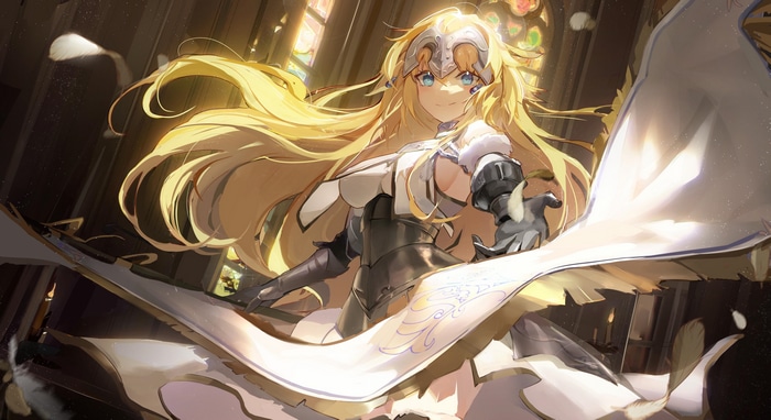 Jeanne d'Arc in armor with blonde hair and blue eyes
