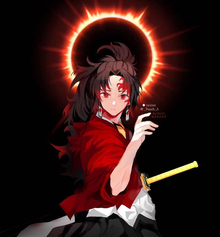 Anime boy with red markings and katana in front of eclipse
