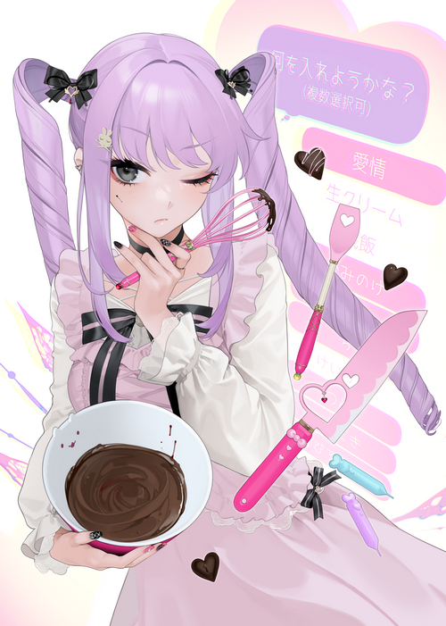 Anime girl with purple hair making chocolate