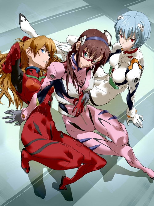 Asuka, Mari, and Rei in Evangelion plugsuits