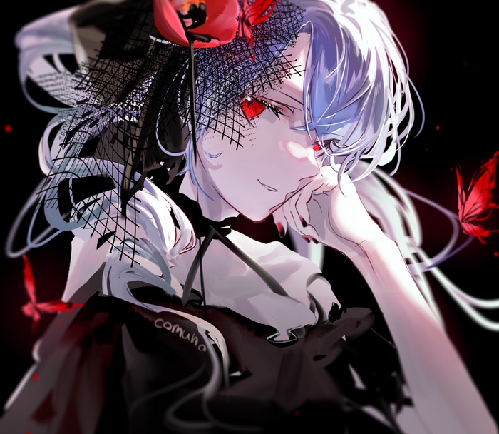 Anime girl with blue hair and red eyes