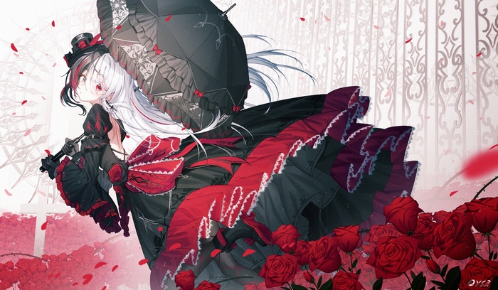 Girl in Gothic Dress with Umbrella and Roses