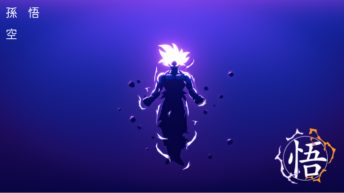 Son Goku in Ultra Instinct form with Japanese text