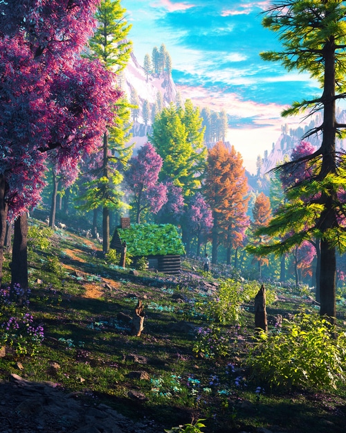 Fantasy forest with a cabin and colorful trees