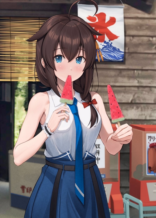 Shigure from Kantai Collection eating watermelon popsicles