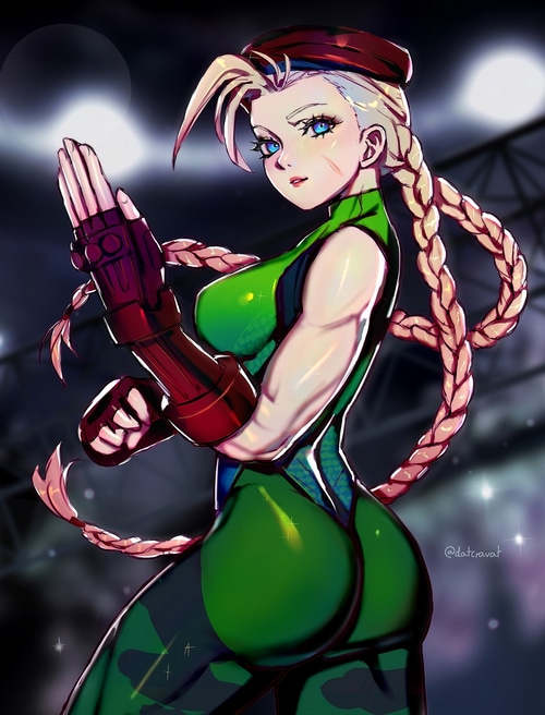 Cammy White from Street Fighter in a green bodysuit