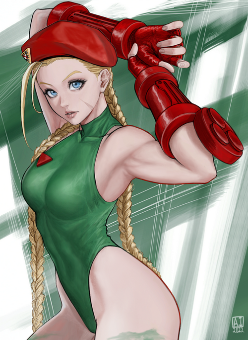 Cammy White from Street Fighter in a green leotard