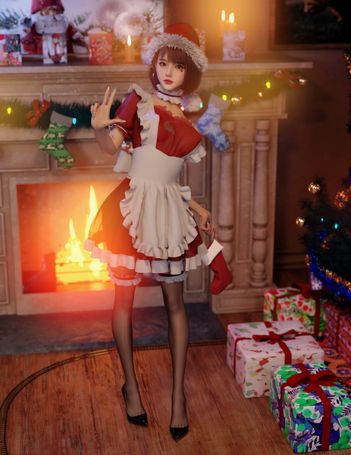 Woman in Christmas Outfit Holding Stocking by Fireplace