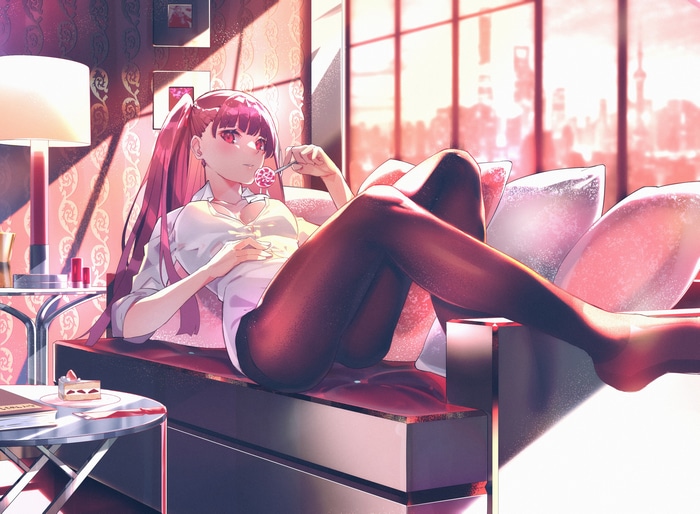 WA2000 from Girls Frontline eating a lollipop