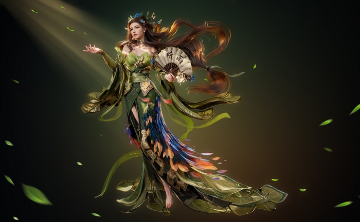 Fantasy girl with fan and leaves