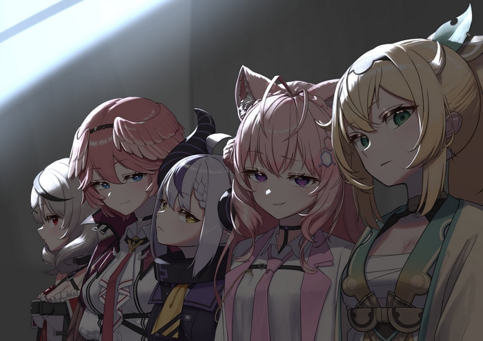 Five anime girls in a line