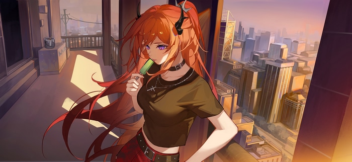 Surtr from Arknights eating ice cream on a balcony