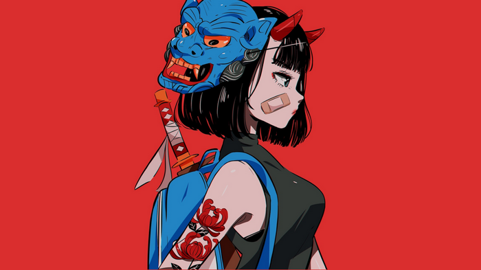 Girl with mask, sword, and tattoo