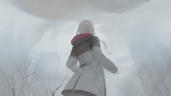 Anime girl with blonde hair in a foggy city