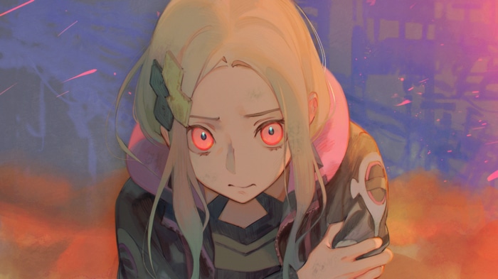 Girl with red eyes and blonde hair