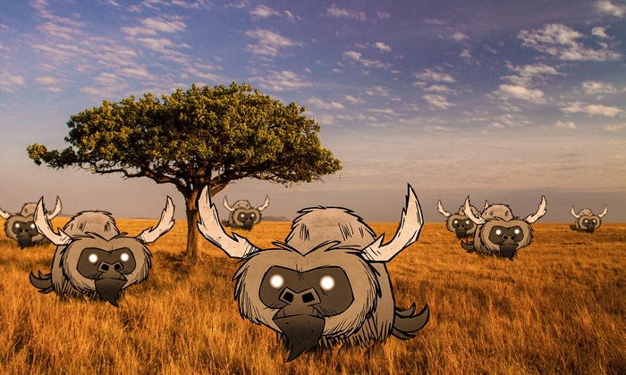 Don't Starve buffalo herd in a grassy savanna