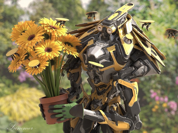 Robot holding a pot of yellow flowers with drones