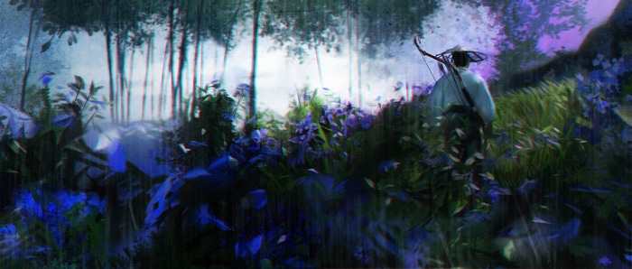 Samurai with bow and arrow in a forest
