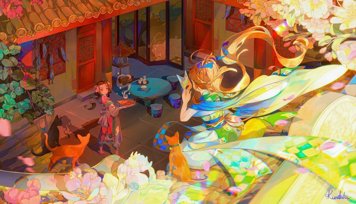 4K anime scene with cats and flowers