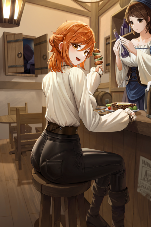 Redhead woman eating food in a tavern