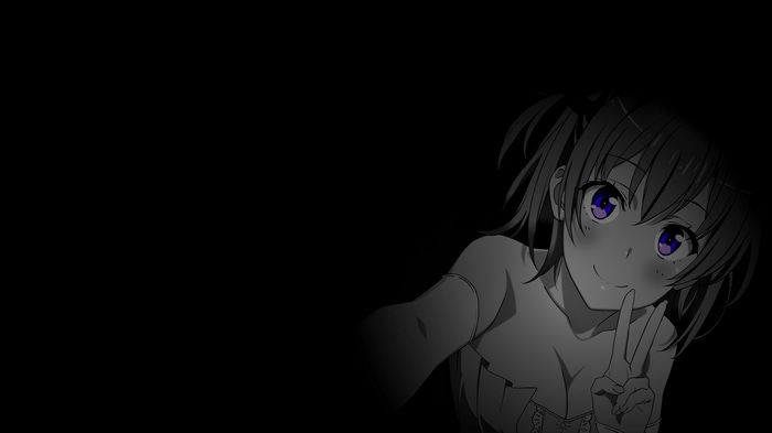 Anime girl with purple eyes making peace sign