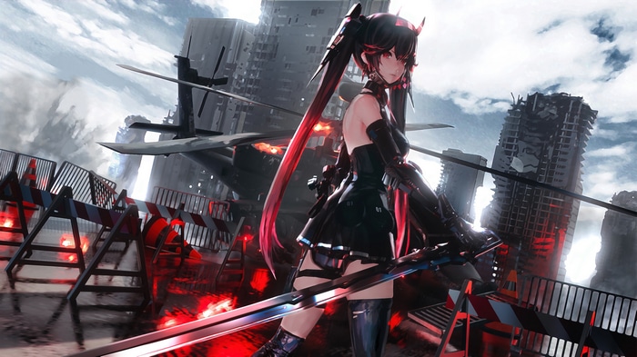 Lucia from Punishing: Gray Raven in a destroyed city