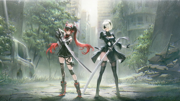 2B and Lucia from Nier: Automata and Punishing: Gray Raven crossover