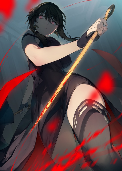 Yor Forger from Spy x Family with a weapon