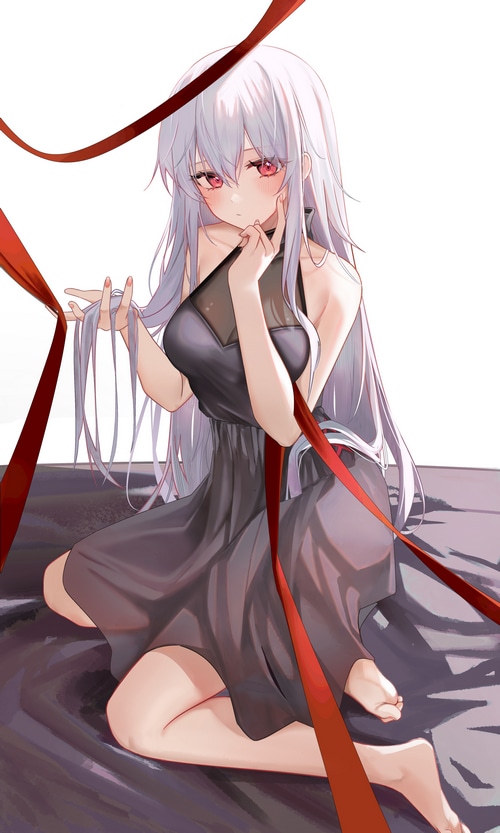 Skadi from Arknights with red eyes and red ribbons