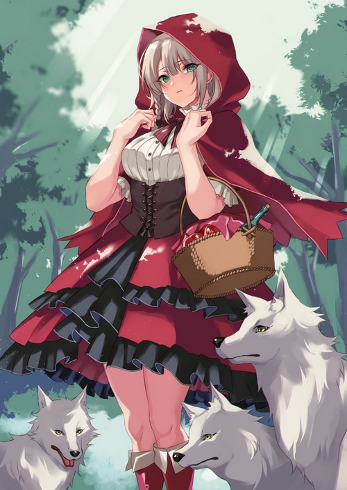 Little Red Riding Hood with wolves in the forest