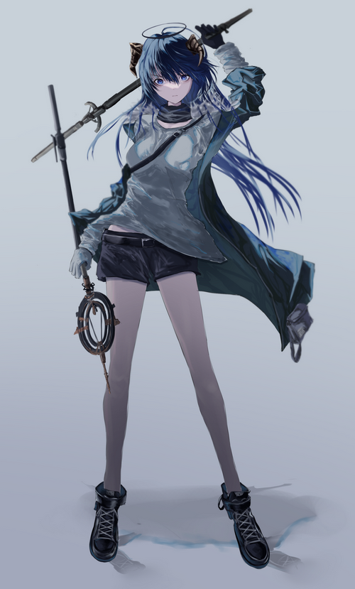 Mostima from Arknights with blue hair and horns
