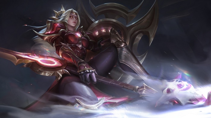 Fantasy woman with blonde hair and glowing eyes holding a weapon
