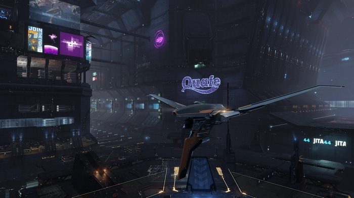 4K EVE Online space station with QuaFe sign