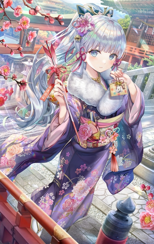 Kamisato Ayaka in a purple kimono with cherry blossoms