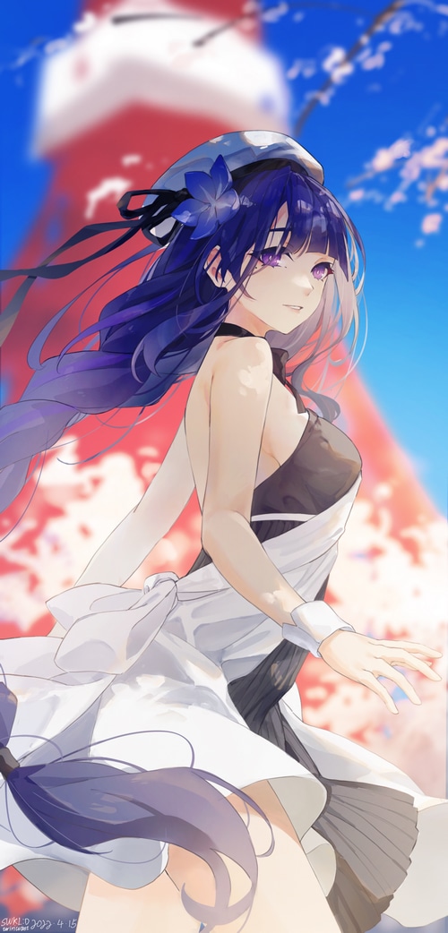 Raiden Shogun in a white dress with a lighthouse background