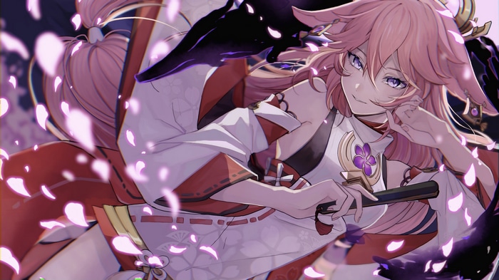Yae Miko from Genshin Impact with pink petals